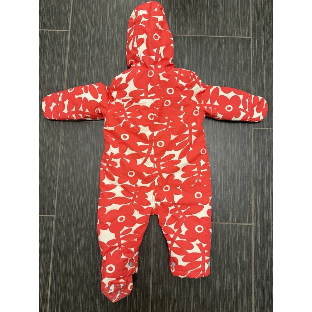 Baby Boden Bunting Snow Suit 6-12 Months Red Floral Fleece Lined Hooded Zip Up